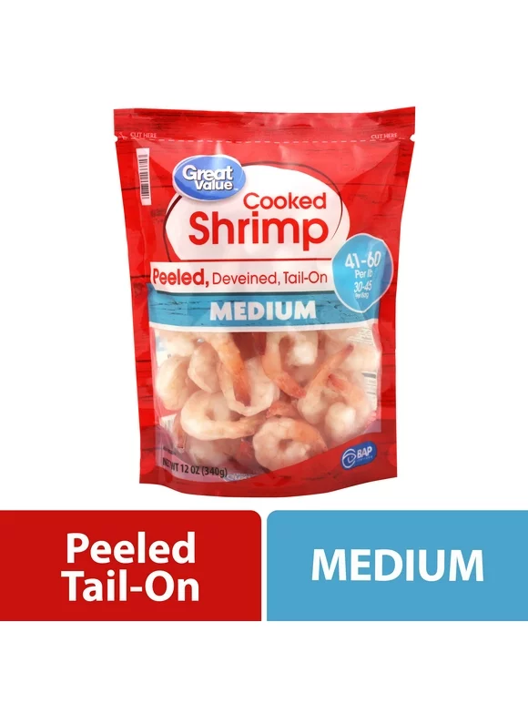 Great Value Frozen Cooked Medium Peeled & Deveined Tail-on Shrimp, 12 oz (41-60 Count per lb)