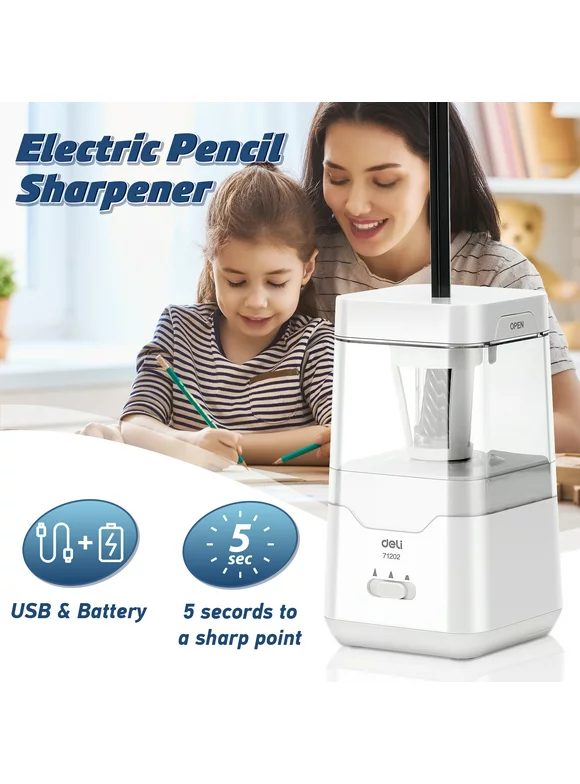 Deli Electric Pencil Sharpener, Auto Stop, Suitable for No.2 Pencils Colored Pencils, USB & Battery Operated, White