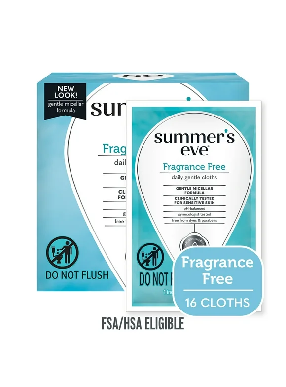 Summers Eve Fragrance Free Gentle Daily Feminine Wipes, Removes Odor, pH Balanced, 16 Ct