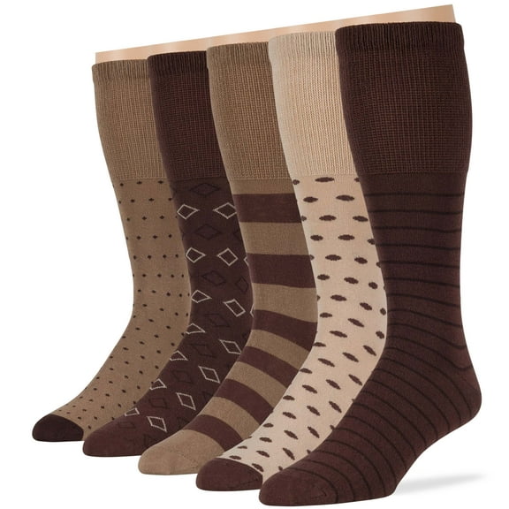 Men's Diabetic Seamless Cotton Mid Calf Socks - 5 Pack Large - Stripe Pattern - Sock Size 10-13 Shoe Size 9-12 L Dark Brown, Brown, Beige, Light Beige