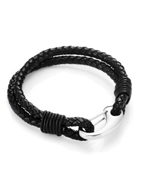 Braided Black Genuine Leather Bracelet with Locking Stainless Steel Clasp, Color Black Silver, Length 8"
