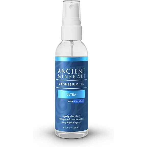 Ancient Minerals Magnesium Oil Spray Ultra with MSM, high Concentration Topical Genuine Zechstein Magnesium Chloride with OptiMSM Benefits 4oz
