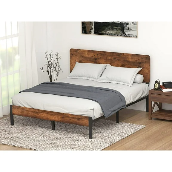 Allewie Full Size Metal Platform Bed Frame with Wood headboard, Rustic Style