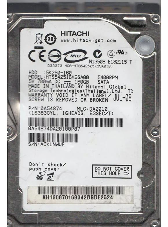 HTS542516K9SA00, PN 0A54874, MLC DA2010, Hitachi 160GB SATA 2.5 Hard Drive