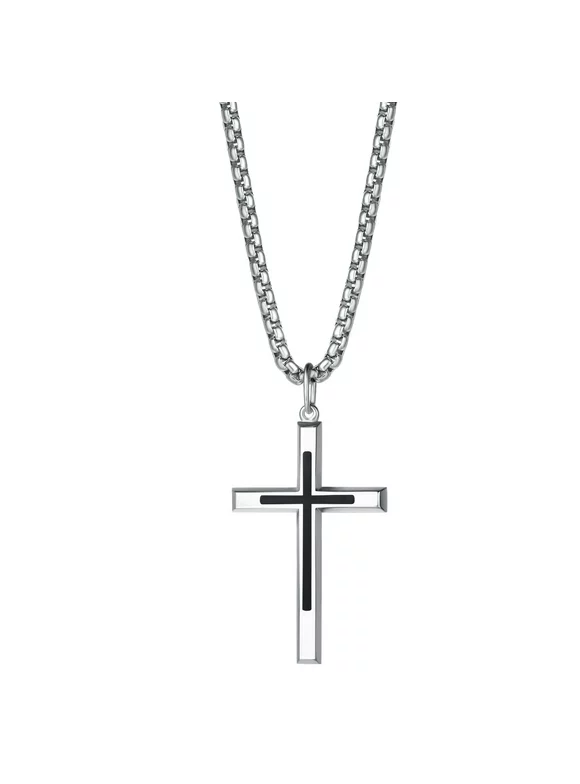 FANCIME White Gold Plated 925 Solid Sterling Silver Polished Black Men's Crucifix Cross Pendant Long Necklace Fine Jewelry Gifts for Him Men Boys, Stainless Steel Box Chain Length 24"