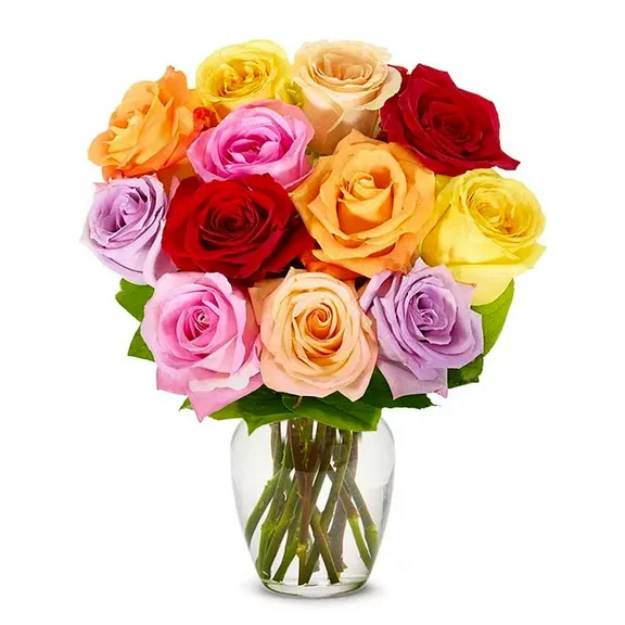 From You Flowers - 12 Rainbow Roses (Pink, Red, Yellow, Orange, Purple) with Free Vase (Fresh Flowers)