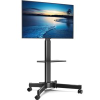 FITUEYES Movable Floor TV Stand with Wooden Shelf, Rolling TV Cart with Wheels for Bedroom, Living Room, School, Fits LCD/LED/Plasma Flat Screens, Height Adjustable, Wheeled TV Mount