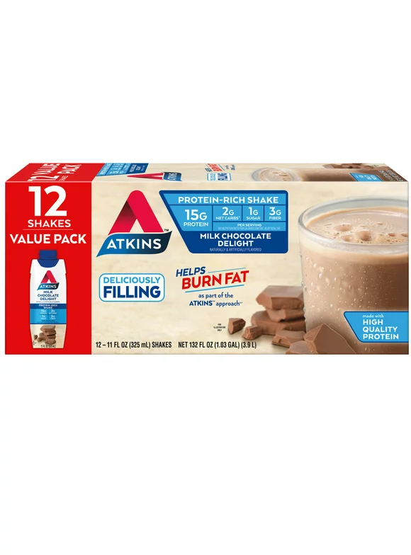 Atkins Milk Chocolate Delight Protein Shake, High Protein, Low Carb, Low Sugar, Keto Friendly, Gluten Free, 12 Ct