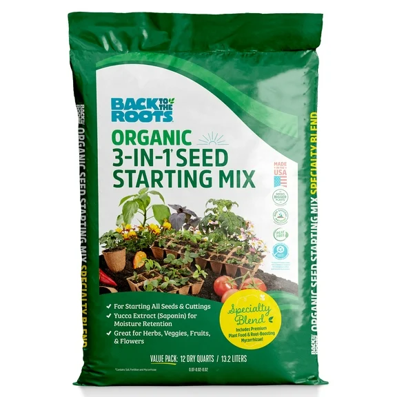 Back to the Roots Natural and Organic 3-in-1 Seed Starting Mix, Premium Blend Soil, 12 Quarts