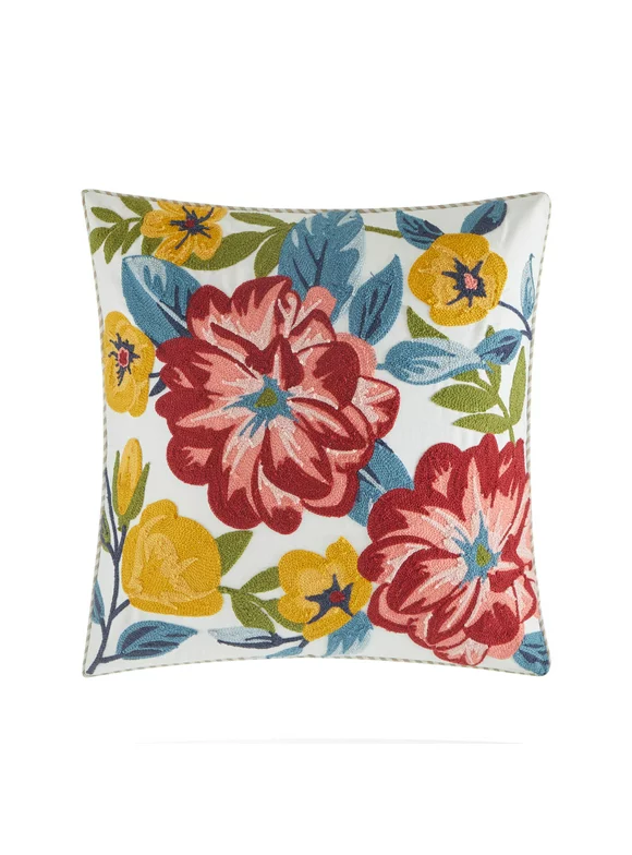 Mainstays 100% Cotton Canvas Reverse to Yarn Dye Embroidered Ambreta Flower Pillow, 18" x 18"