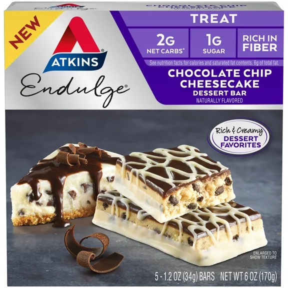 Atkins Endulge Fiber Dessert Bar, Keto Friendly, Chocolate Chip Cheesecake, 5 Ct