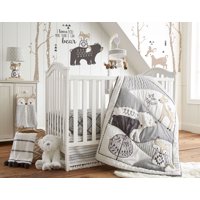 Levtex Baby - Bailey Crib Bed Set - Baby Nursery Set - Charcoal, Taupe, White - Neutral Forest Theme - 5 Piece Set Includes Quilt, Fitted Sheet, Diaper Stacker, Wall Decal & Skirt/Dust Ruffle