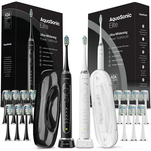 Aquasonic Elite Duo Rechargeable Electric Toothbrush – ADA Accepted Power Toothbrush - 8 Proflex Brush Heads & Travel Case – 50,000 VPM Motor & Wireless Charging - 5 Modes w Smart Timer