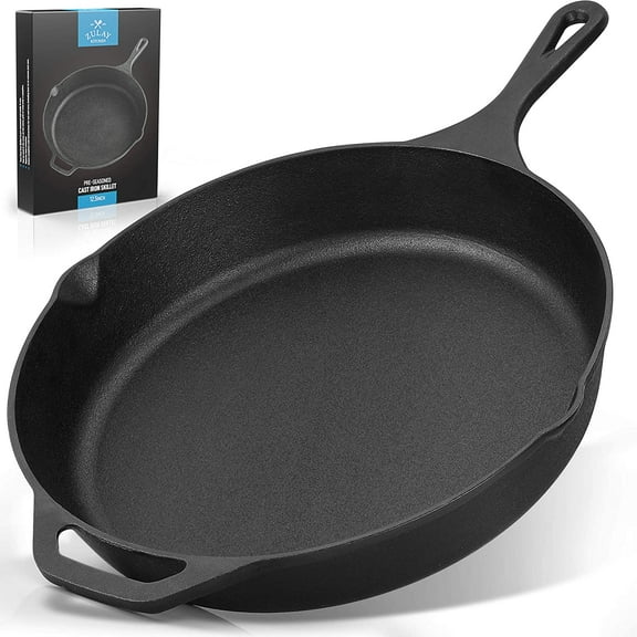 Zulay Kitchen 12 inch Heavy Duty Cast Iron Skillet - Grill Stovetop Induction Oven & Campfire Safe