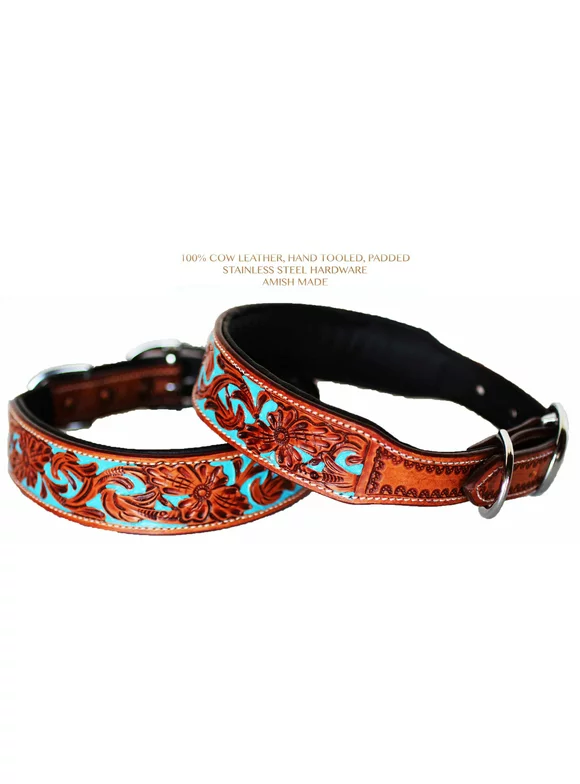 Large 21''- 25'' Dog Puppy Collar Hand Tooled and Painted Cow Leather Western 6047