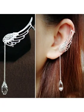 Tuscom Charm Elegant Angel Wing Crystal Earrings Drop Dangle Ear Stud Cuff Clip