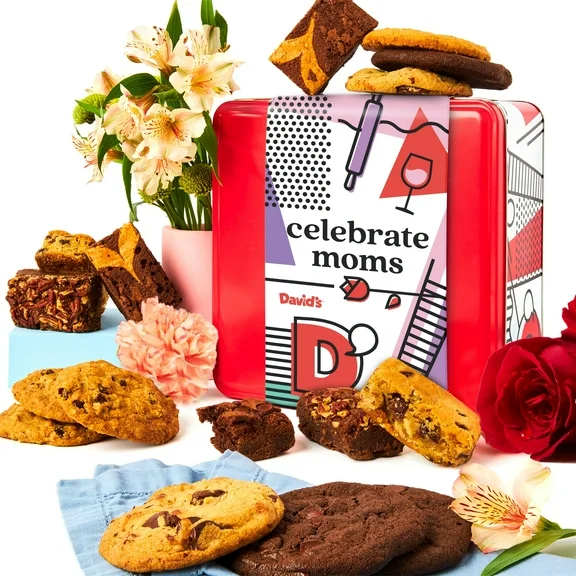 David’s Cookies Celebrate Moms Assorted Cookies & Brownies Gift Tin Box - 12 Fresh-Baked Cookies (1.5oz)  10 Individually Wrapped Brownies (2oz) - Delicious Gourmet Mothers Day Food Gift For Everyone