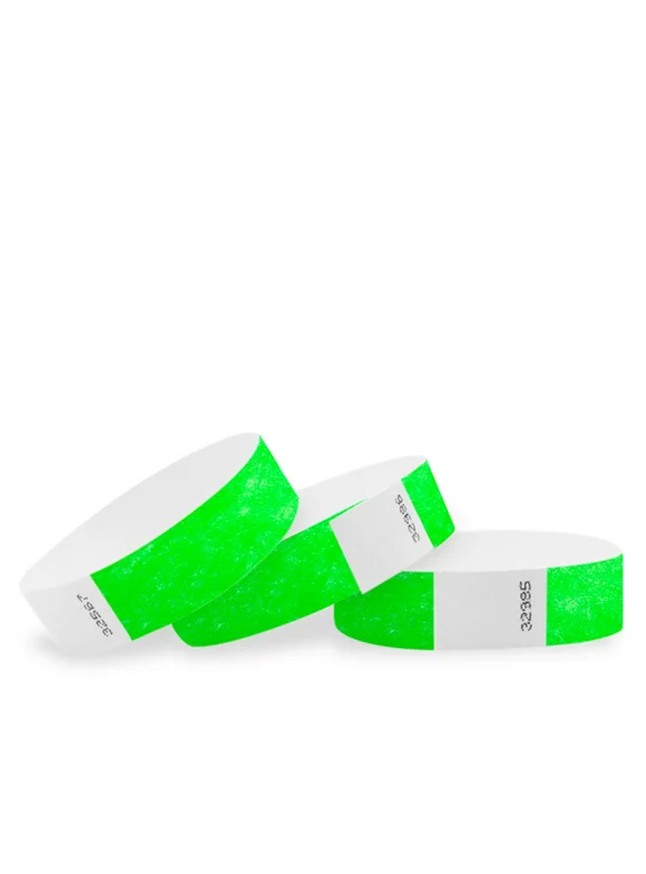 WristCo - 100 Pack Neon Green Tyvek Wristbands for Events - waterproof recyclable comfortable tear resistant paper bracelets wrist bands for concerts bars party festivals