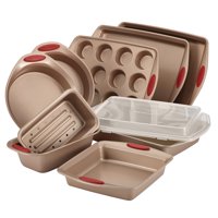 Rachael Ray 10-Piece Cucina Nonstick Bakeware Set, Brown with Red Handles