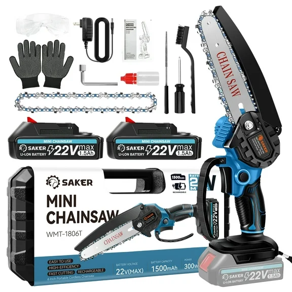Saker 6inch Mini Chainsaw, Small Handheld Chain Saw ,By 2PCS 22V 1500mAh Batteries Powered, 2 PCS Chains
