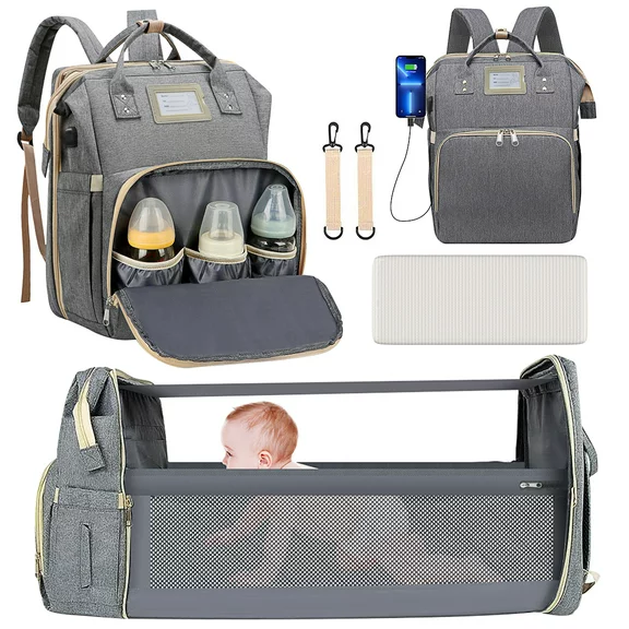 Diaper Bag Backpack, Multifunctional Baby Changing Bag with Foldable Crib & Insulated Milk Bottle Pocket, Large Capacity Travel Backpack with USB Charging Port & Stroller Strap (Grey)
