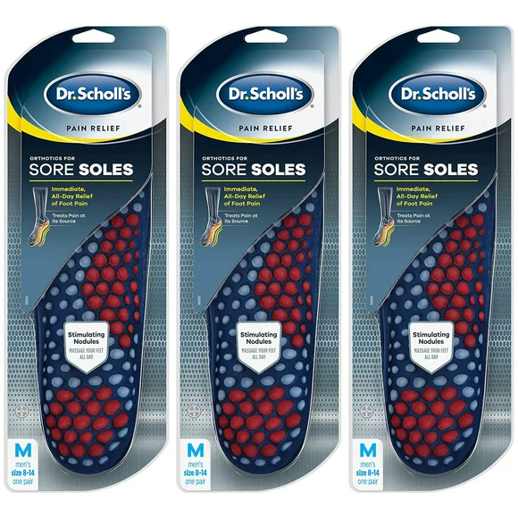3 Pack of Dr. Scholl's Orthotics for Sore Soles Pain Relief Insoles Sizes 8-14, 1 Pair
