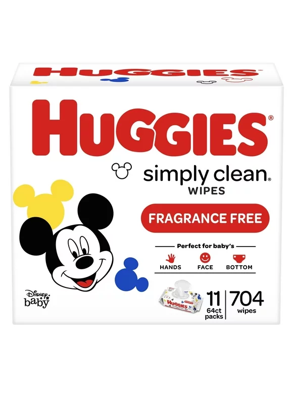 Huggies Simply Clean Unscented Baby Wipes, 11 Flip-Top Packs (704 Wipes Total) 64 Count (Pack of 11)