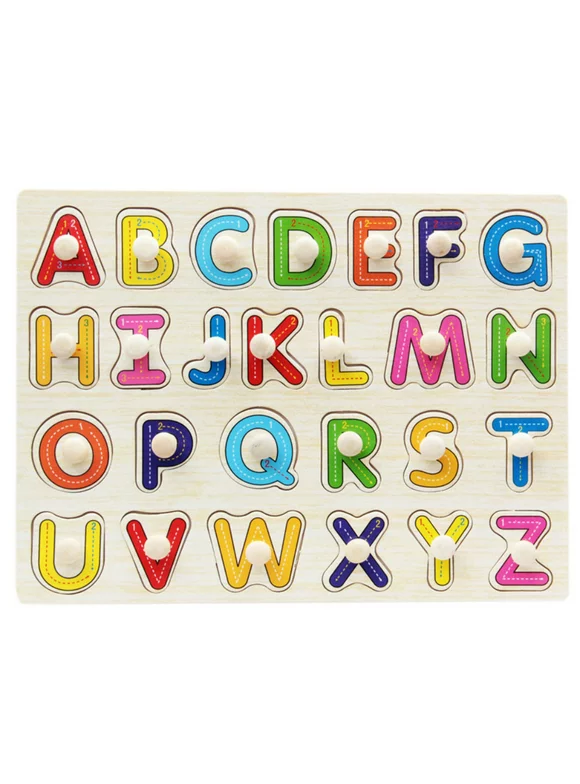 Wooden Puzzles Toy 26Pcs Letters Alphabet ABC Peg Jigsaw Puzzle Toy Children Kids Baby Toddlers Early Learning Educational Plate