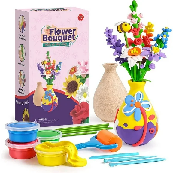 Kids Flower Craft Kit - Make Your Own Flower Bouquet with Air Dry Clay - DIY Arts and Crafts for Kids Ages 6-12 - Best Gift Ideas for Girls Crafts Age 4-12