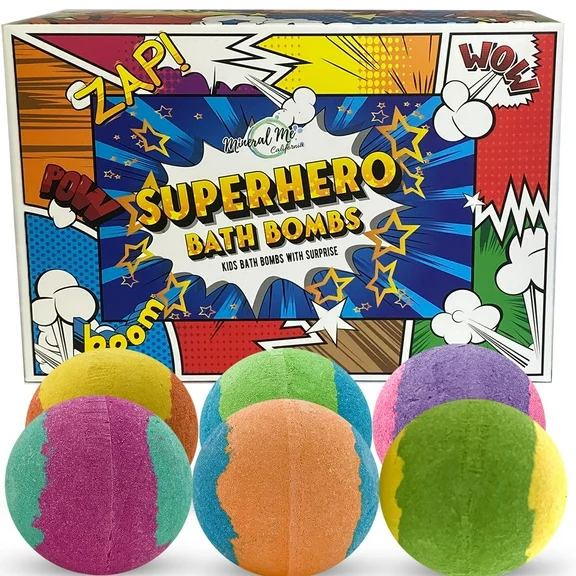 Bath Bombs for Kids with Superhero Toys Inside - Mineral Me Organic Bath Fizzies with Fruit Scent