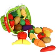 Playkidiz Super Durable Healthy Fruit and Vegetables Basket - Pretend Play Kitchen Food Educational Playset with Toy Knife, Cutting board (32 Pieces of fruit and vegetable toys)