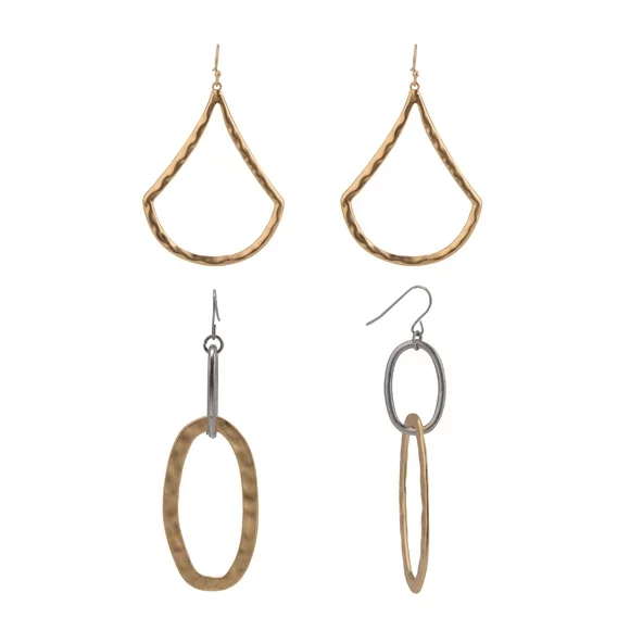 The Pioneer Woman - Women's Jewelry, Two-tone Soft Hammered Open Drop and Link Duo Earring Set