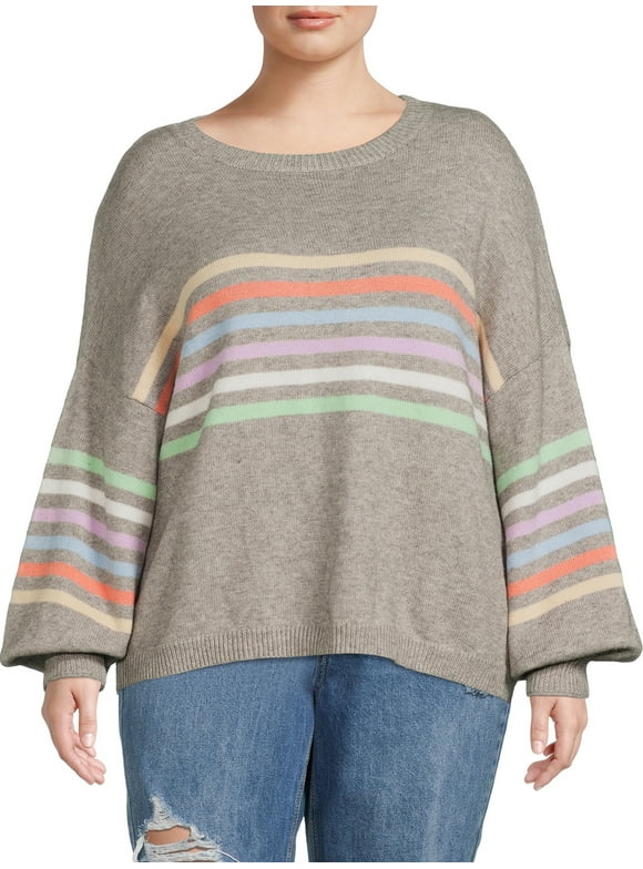 Debut Women's Plus Size Rainbow Striped Sweater with Puff Sleeves