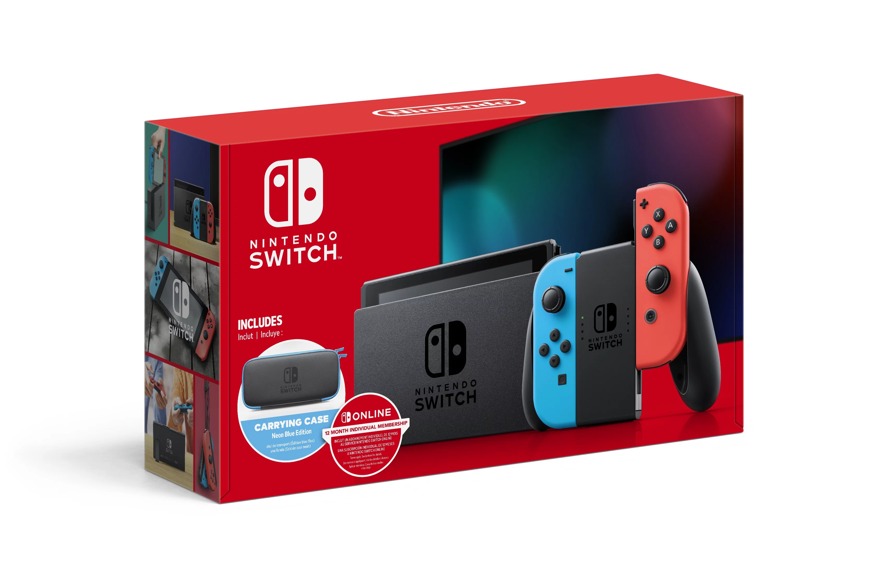 Nintendo Switch w/ Neon Blue & Neon Red Joy-Con + 12 Month Individual Membership Nintendo Switch Online + Carrying Case
