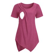 Jchiup Women's Short Sleeve Layered Irregular Hemline Maternity Nursing Tops