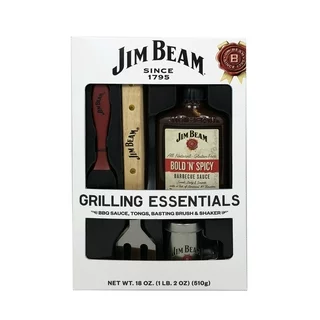 Jim Beam Deluxe BBQ Set with One 18oz Original Flavor Jim Beam BBQ Sauce, One BBQ Tongs, One Silicone Basting Brush and One Metal JIm Beam Branded Seasoning Shaker