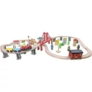 70pcs Train Sets for Kids, URHOMEPRO Kids Toddler Eco-friendly Wooden Train Set with Railway Tracks, 3D Puzzles Train Track Learning Toys w/Bridge/Building/Magnetic Train, Gift for 3+ Boys Girls, R565