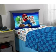 Super Mario Kids Super Soft Microfiber Bedding Sheet Set, Blue and White
