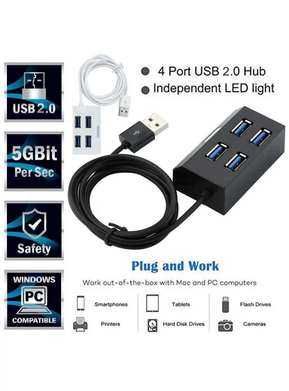 USB 2.0 Hub High Speed 4 Ports Multiple Plug-and-play Adapter PC Computer Accessory