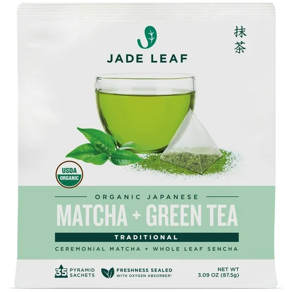 Jade Leaf Organic Japanese Traditional Ceremonial Matcha & Green Tea Pyramid Sachet Tea Bags, 35 Ct