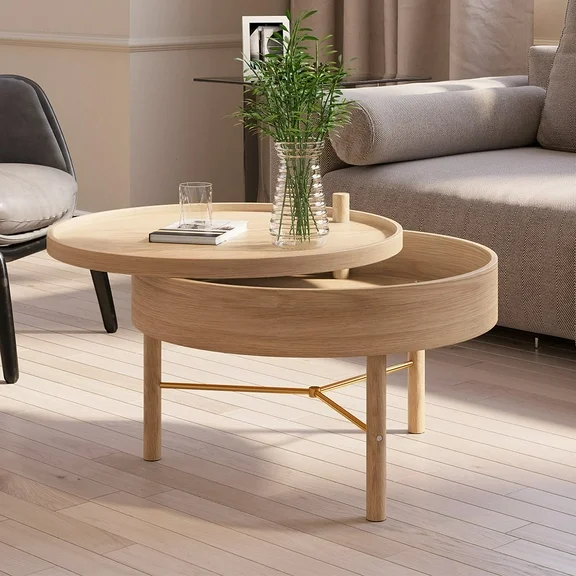 Homary 23.6"W 15.75''H Wood Modern Round Rotating Tray Metal Coffee Table with Storage Drawer