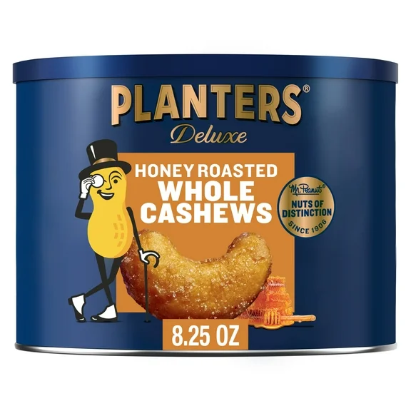 PLANTERS Deluxe Honey Roasted Whole Cashews, Sweet and Salty Snacks, 8.25oz (1 Canister)
