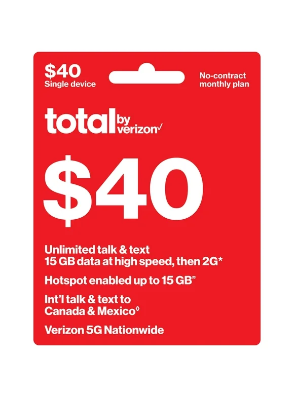Total by Verizon $40 No-Contract Single-Device Unlimited Talk & Text Monthly Plan (15GB at High Speed) + Int'l Calling Direct Top Up