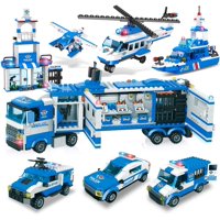 Exercise N Play City Police Station Building Blocks Sets, 8 in 1 Mobile Command Center Building Bricks Toy with Cop Car & Patrol Vehicles, Storage Box with Base Plates Lid, Present Gift for Kids 6-12