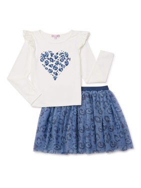 Mila & Emma Exclusive Girls Ruffle Sleeve Top and Tutu Skirt, 2-Piece Outfit Set, Sizes 4-18