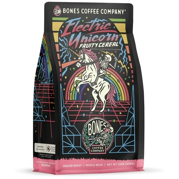 Bones Coffee Medium Roast Whole Bean Coffee | 12 oz Electric Unicorn Fruity Cereal Flavored Coffee