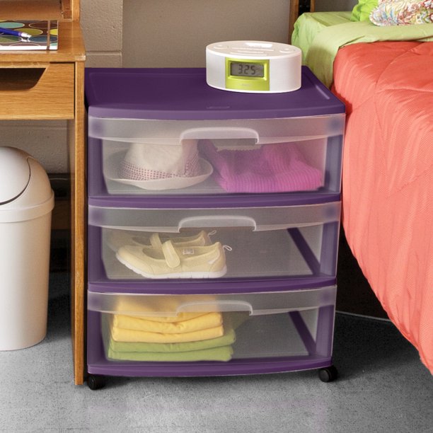 Sterilite Wide 3 Drawer Cart Moda, Purple Storage Bins With Drawers