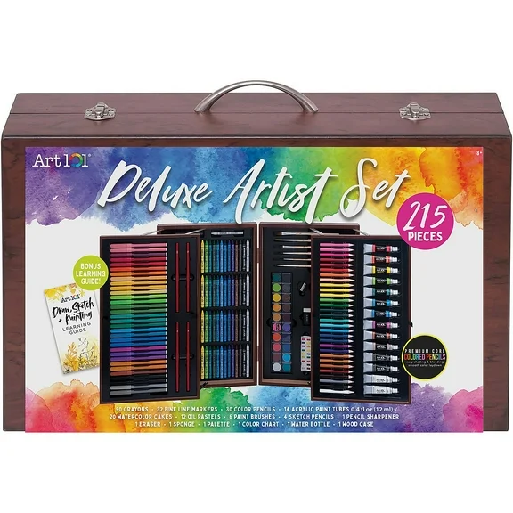Art 101 Deluxe Multifunctional Art Set / Kit with 215 Pieces in Wood Case for Children to Adults