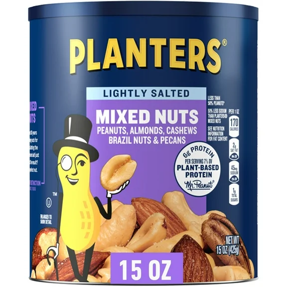 PLANTERS Lightly Salted Mixed Nuts, Party Snacks, Plant-Based Protein, 15 Oz Canister
