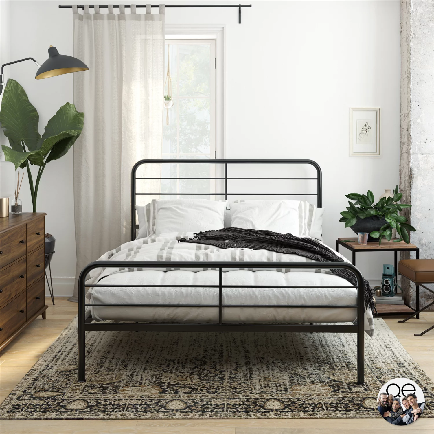 Queer Eye Millie Metal Bed with Headboard and Base, Queen Size Frame, Black